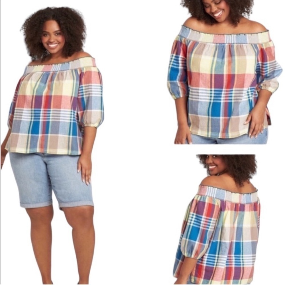 Lane Bryant Multicolor Plaid Off Shoulder Top Size: 14/16